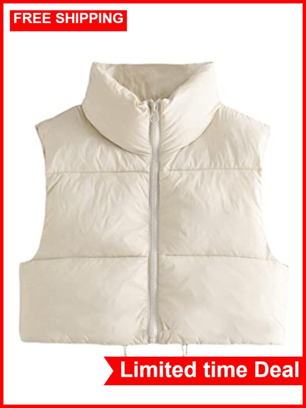 Cropped Puffer Vest Zip Up Stand Collar Sleeveless Padded Quilted